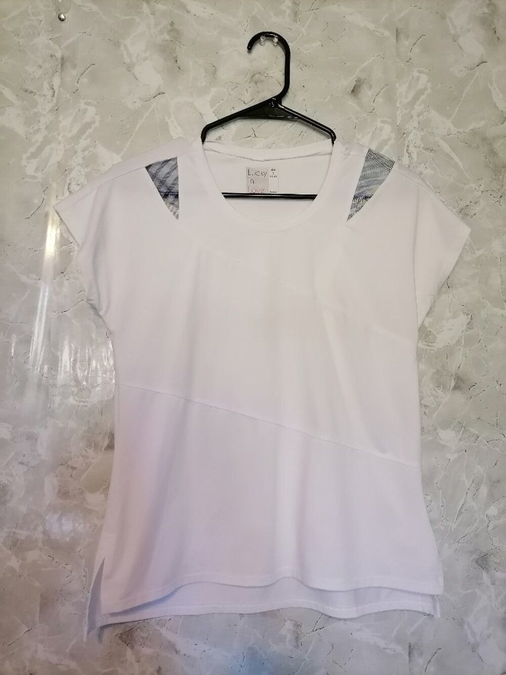 Lucky In Love Women White Round Neck Short Sleeve Stretch Sheer Genius T-Shirt S